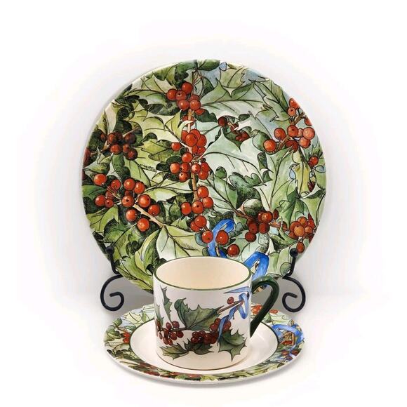 Le Houx Gien France Hollyberries & Blue Ribbon Coffee Cup & Saucer Dessert Plate - Picture 2 of 16